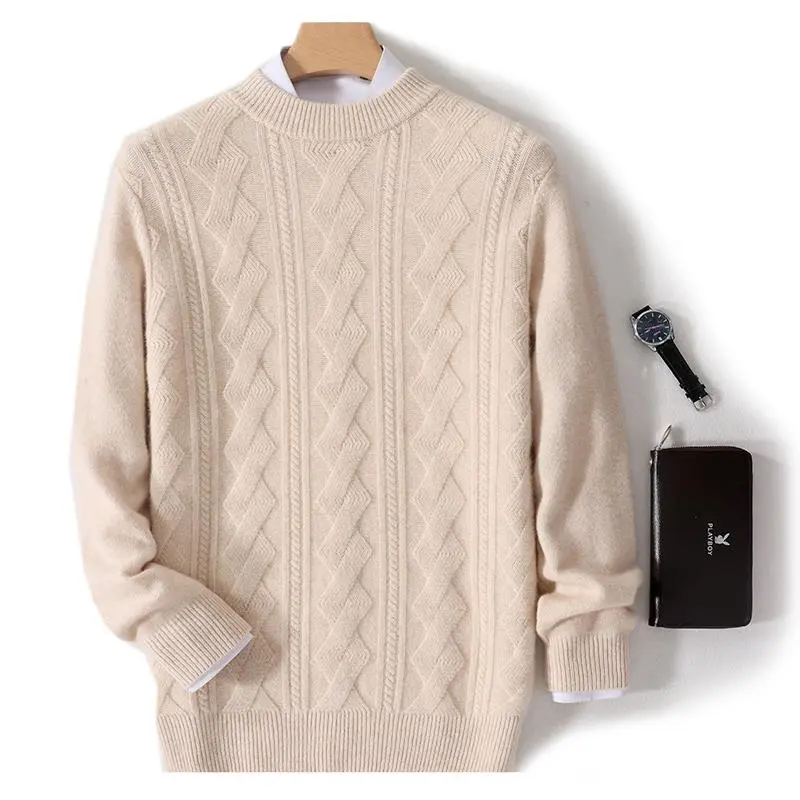 100%羊绒2024半高领提花秋冬季新款男加厚休闲毛衣打