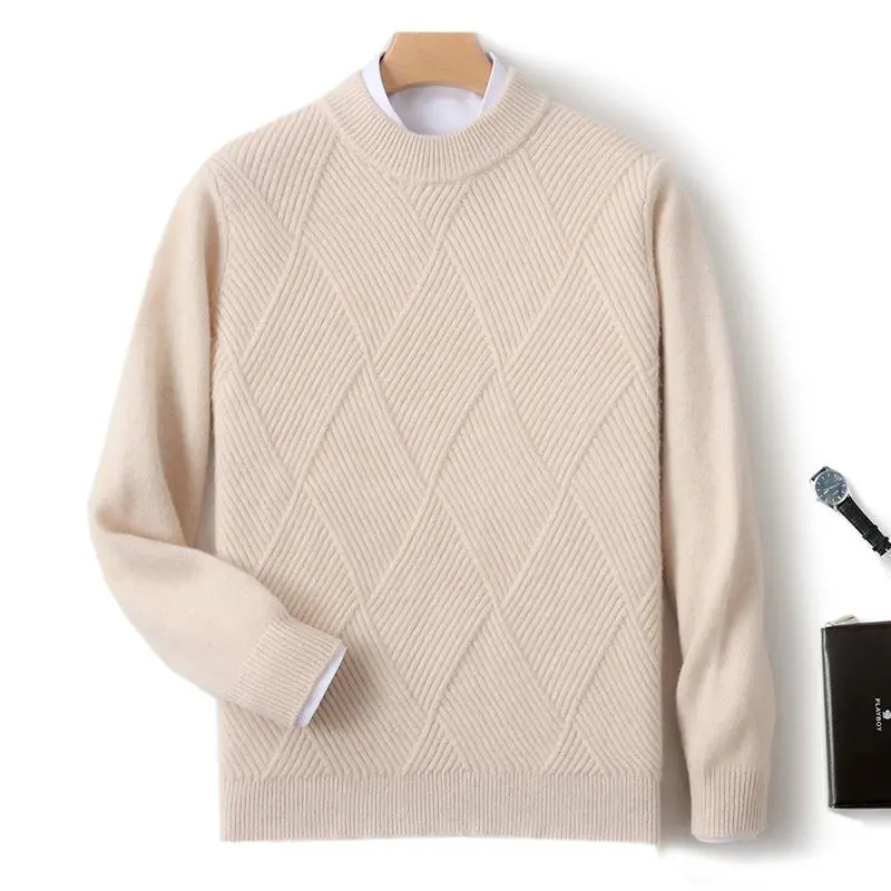 100%羊绒秋冬季新款纯山男士圆领菱形时尚毛衣商务休
