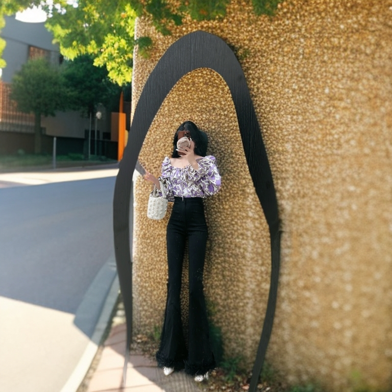 大气元（喇叭裤）复古牛仔羽毛喇叭裤