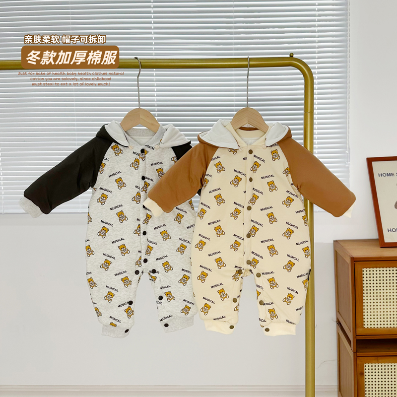 ins韩国婴儿连体衣冬加厚外出连帽宝宝衣服冬款加厚棉服保暖爬服