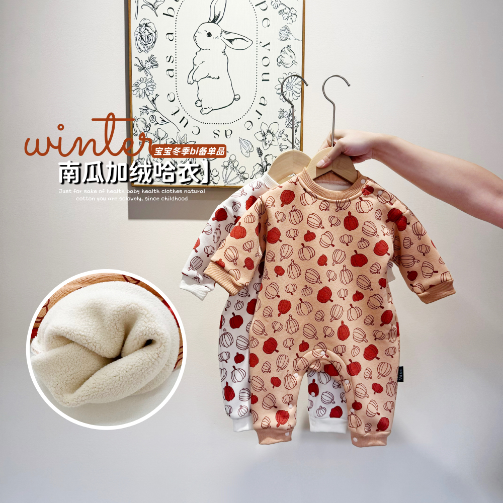 冬季新款ins韩国卡通婴儿连体衣宝宝加厚加绒外出爬服