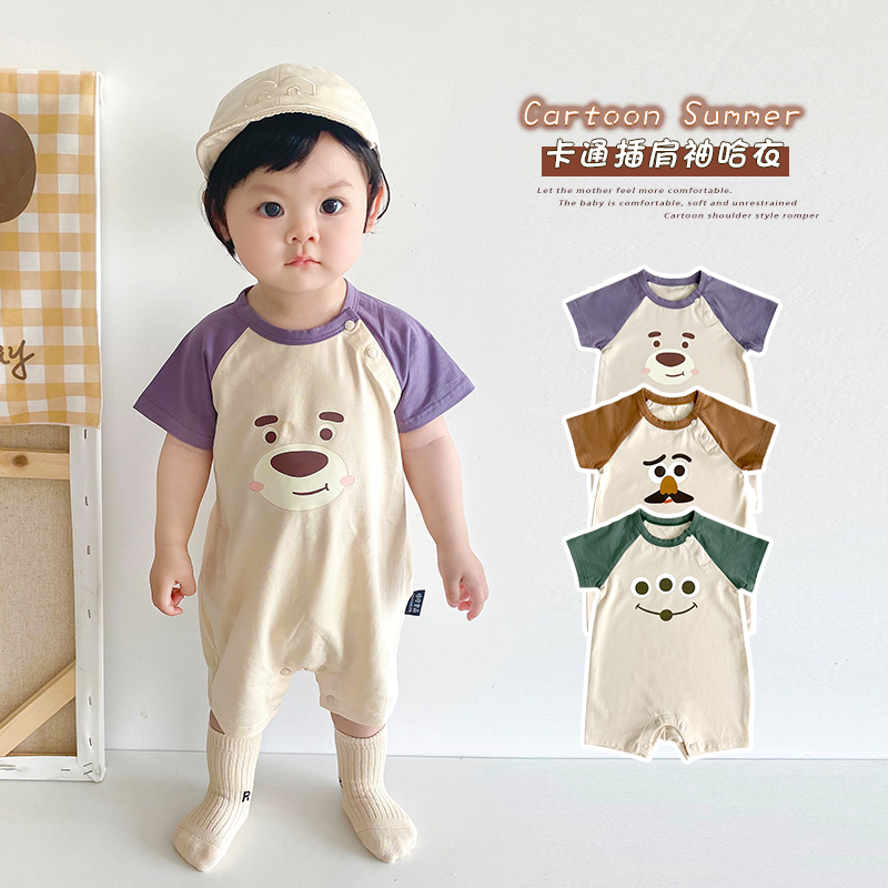 宝宝夏季插肩撞色短袖哈衣卡通印花ins风爬服超萌薄款婴儿连体衣