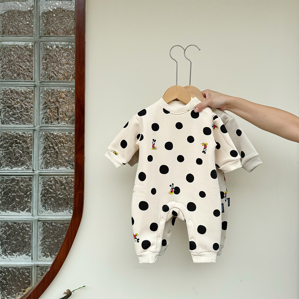 婴儿连体衣冬季宝宝加绒爬服卡通韩国新生儿冬款加厚波点ins哈衣