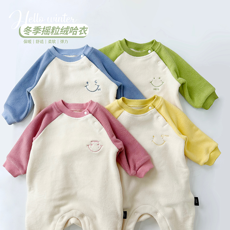 ins风婴儿哈衣卡通款摇粒绒冬季宝宝加厚韩国连体衣