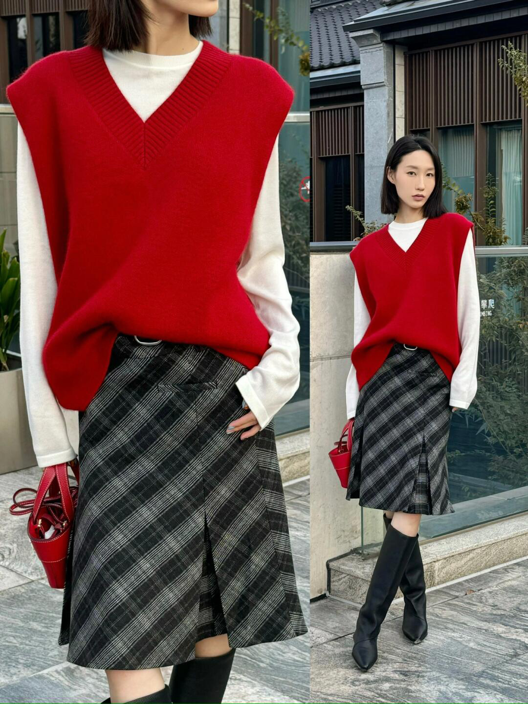 AVVENN2024冬季新品真两件简约V领挺括叠穿舒适毛衣