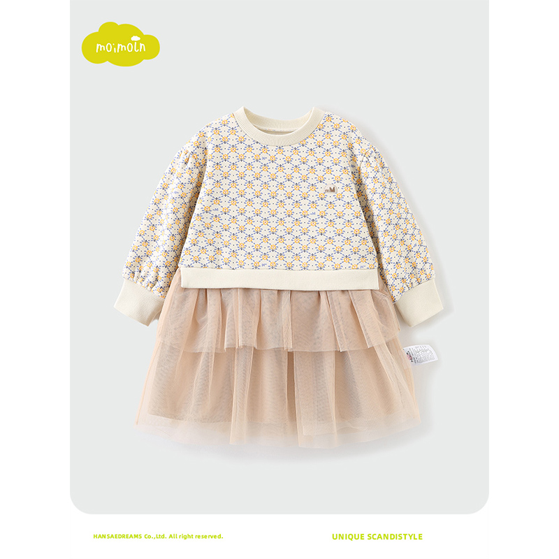 moimoln小云朵童装 秋冬新款女童连衣裙宝宝假两件网纱裙子公主裙