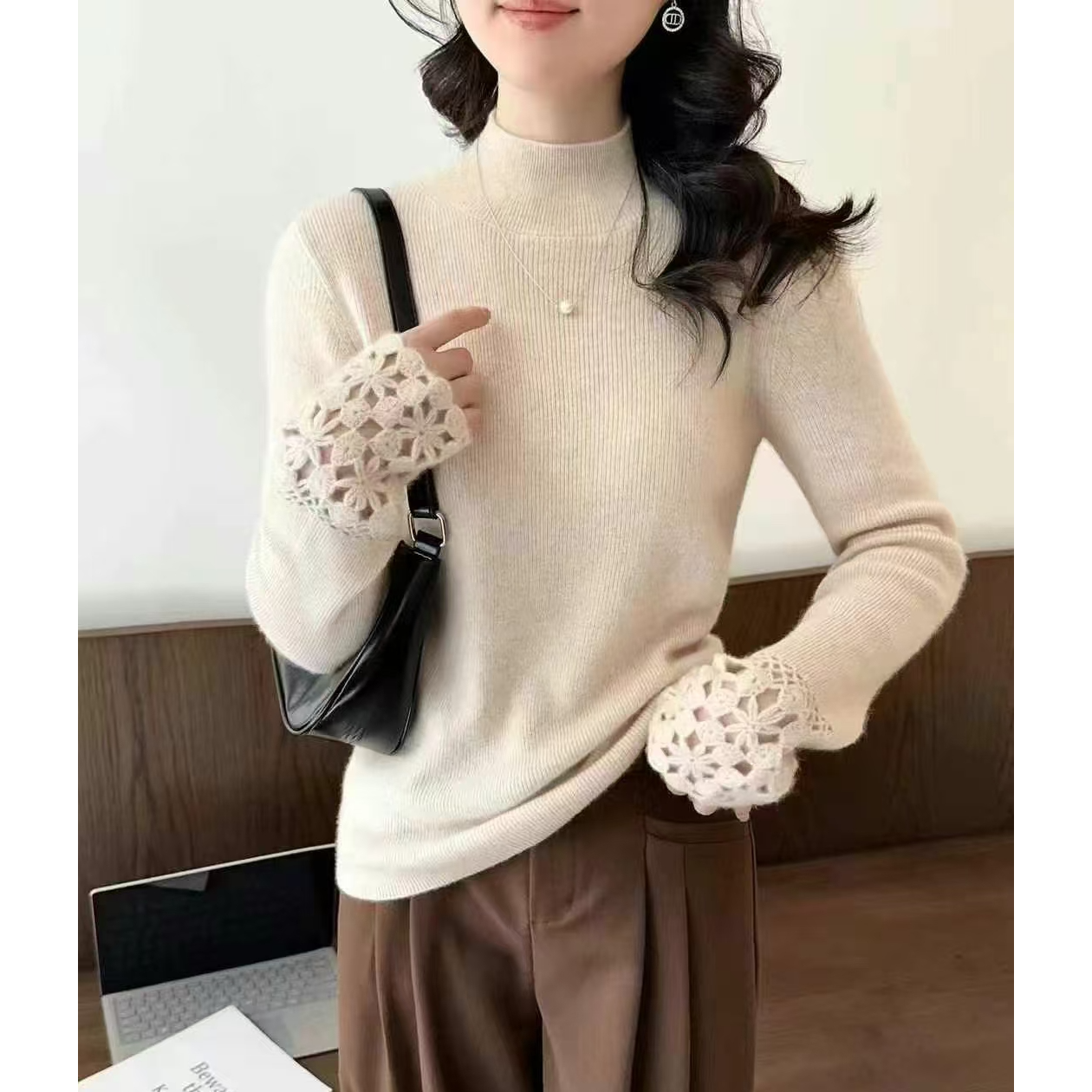 18-24363蕾丝长袖网红针织时尚百搭半高领秋冬羊绒衫