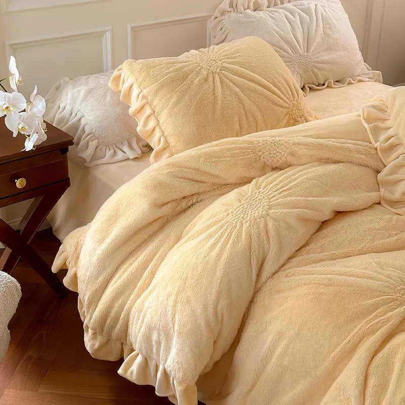 兔毛绒揪花荷叶边牛奶绒四件套冬季加厚保暖双面绒家用1.8m防静电