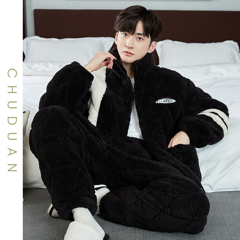 睡衣男冬季珊瑚绒加厚加绒三层夹棉保暖男士冬款法兰绒家居服套装