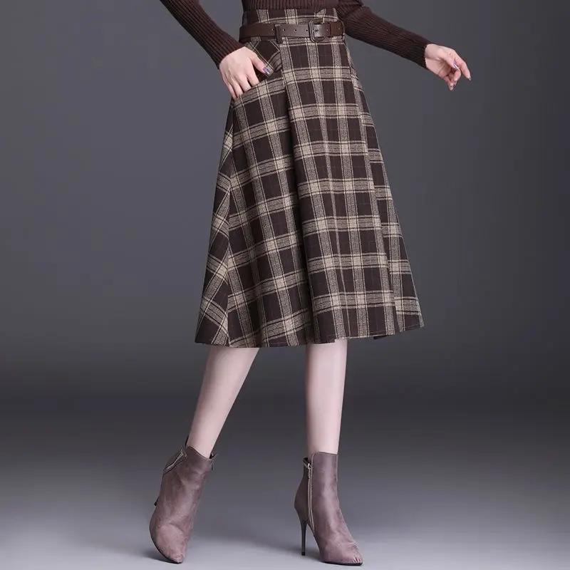 复古毛呢格子半身裙女2022秋冬中长a字伞裙显瘦百褶裙休闲大摆裙