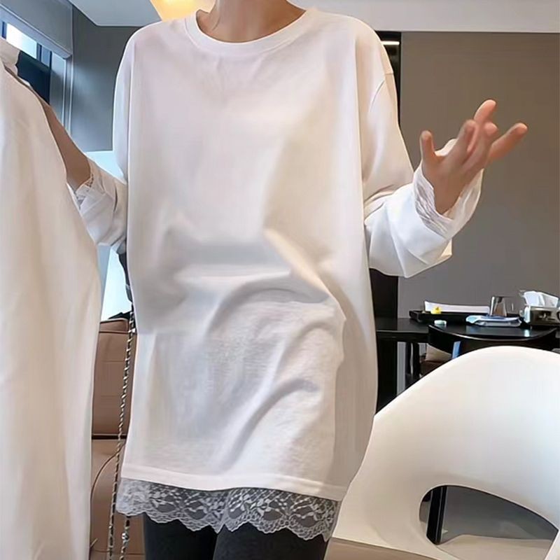 白色拼接蕾丝中长款长袖t恤2025春秋新款爆款宽松内搭打底衫上衣