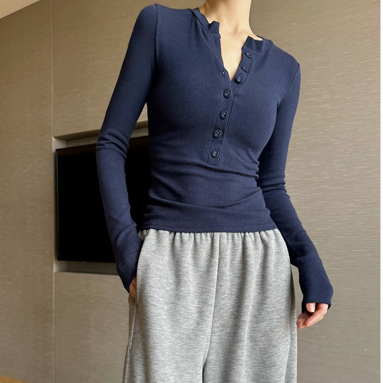 美式亨利衫女长袖打底衫春秋季V领纽扣设计感修身洋气显瘦上衣服
