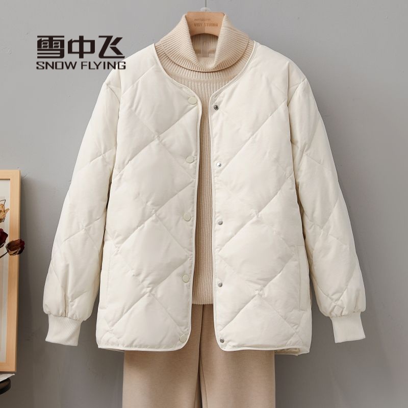 雪中飞绒服菱格无领羽绒服女轻薄短款2023新款小个子宽休闲百搭