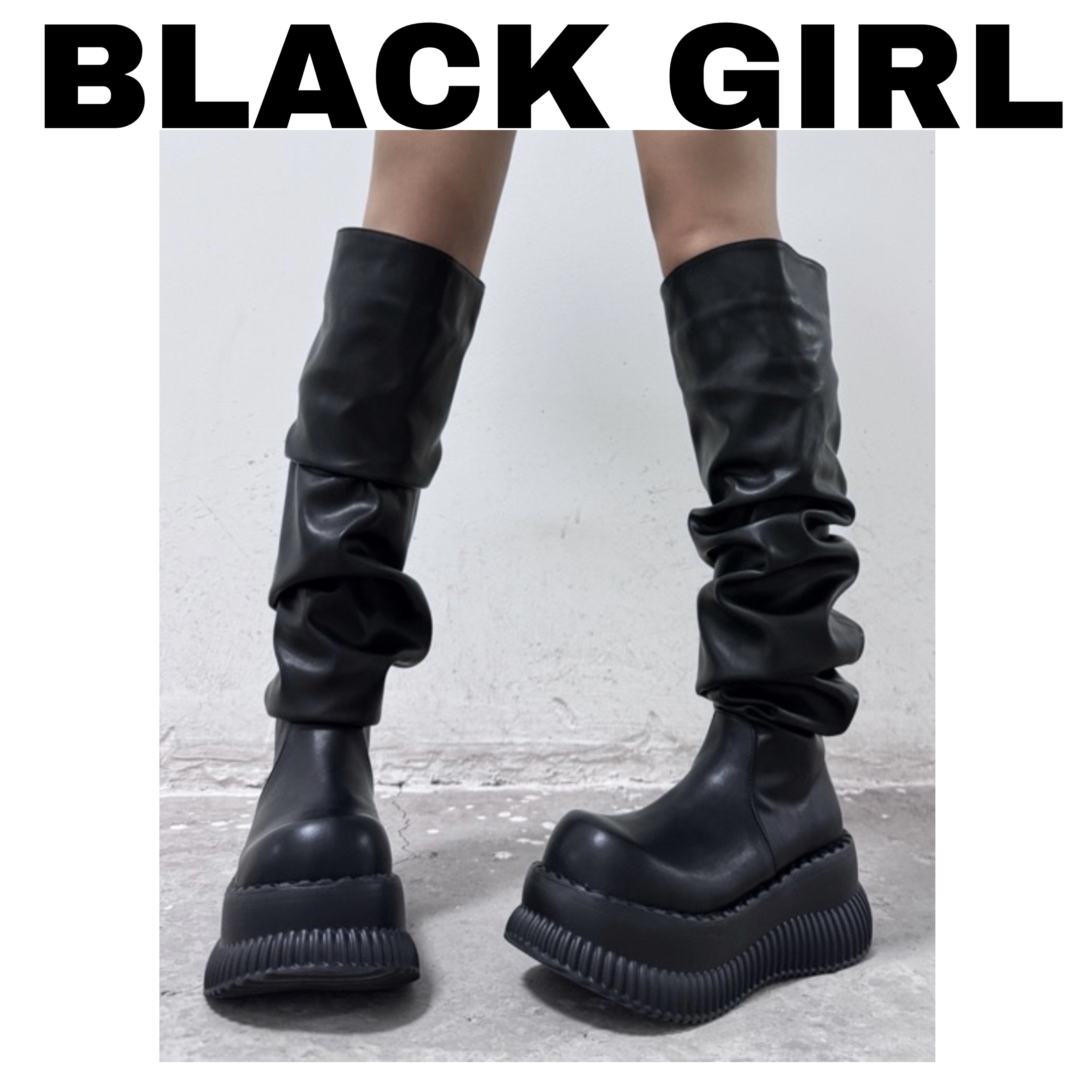 Blackgirl新款【暗黑风】原创设计堆堆靴瘦腿显瘦大长腿翘头厚底鞋