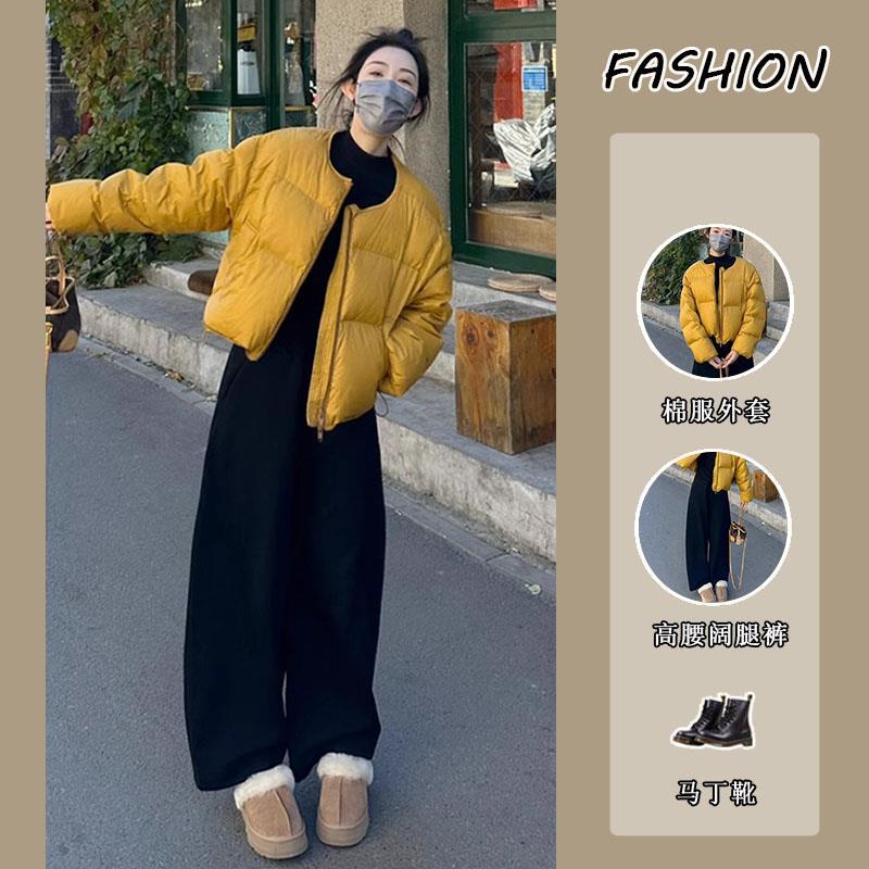 套装女秋冬季新款韩系短款显瘦保暖加厚棉服外套高腰阔腿裤子