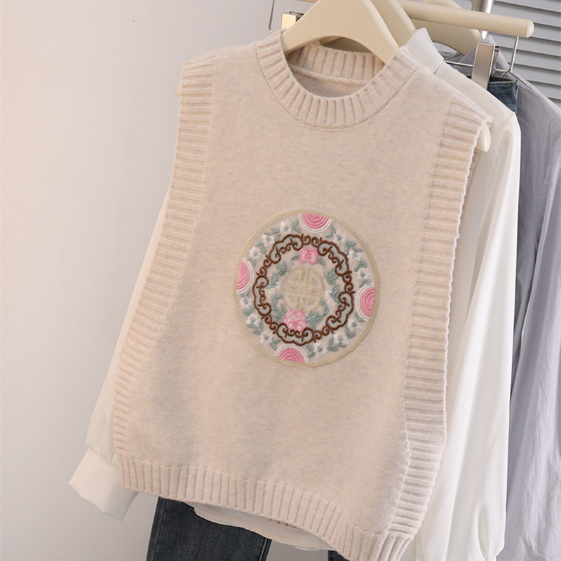 2024春装新款网红国风百搭时尚女士宽松圆领马甲背心提花无袖套头