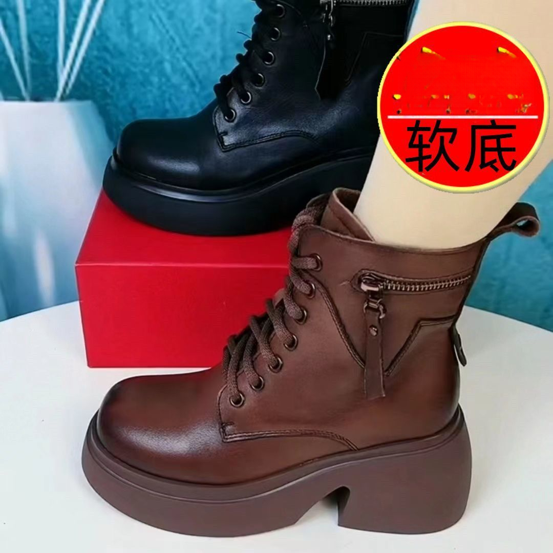 时尚2023秋冬厚底增高马丁靴女英伦风圆头复古妈妈粗跟软底短靴女