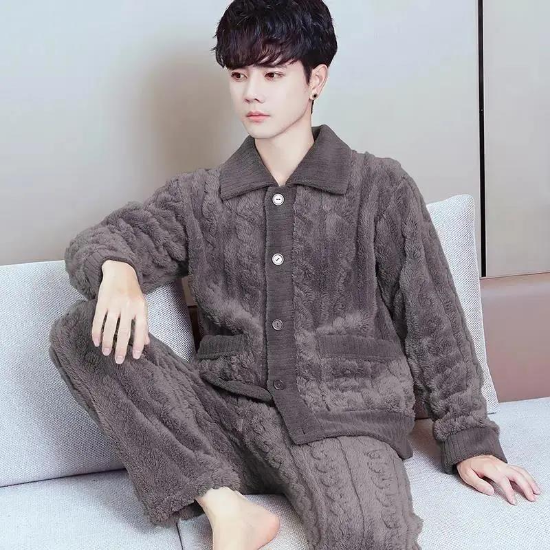 睡衣男冬款加绒男款冬季男中年士保暖珊瑚绒套装简约休闲大码珊w