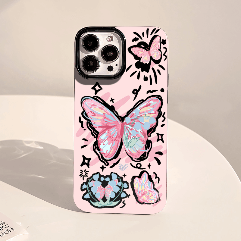 奥菲顿粉色涂鸦蝴蝶适用iPhone15/14promax手机壳苹果13/12/11套