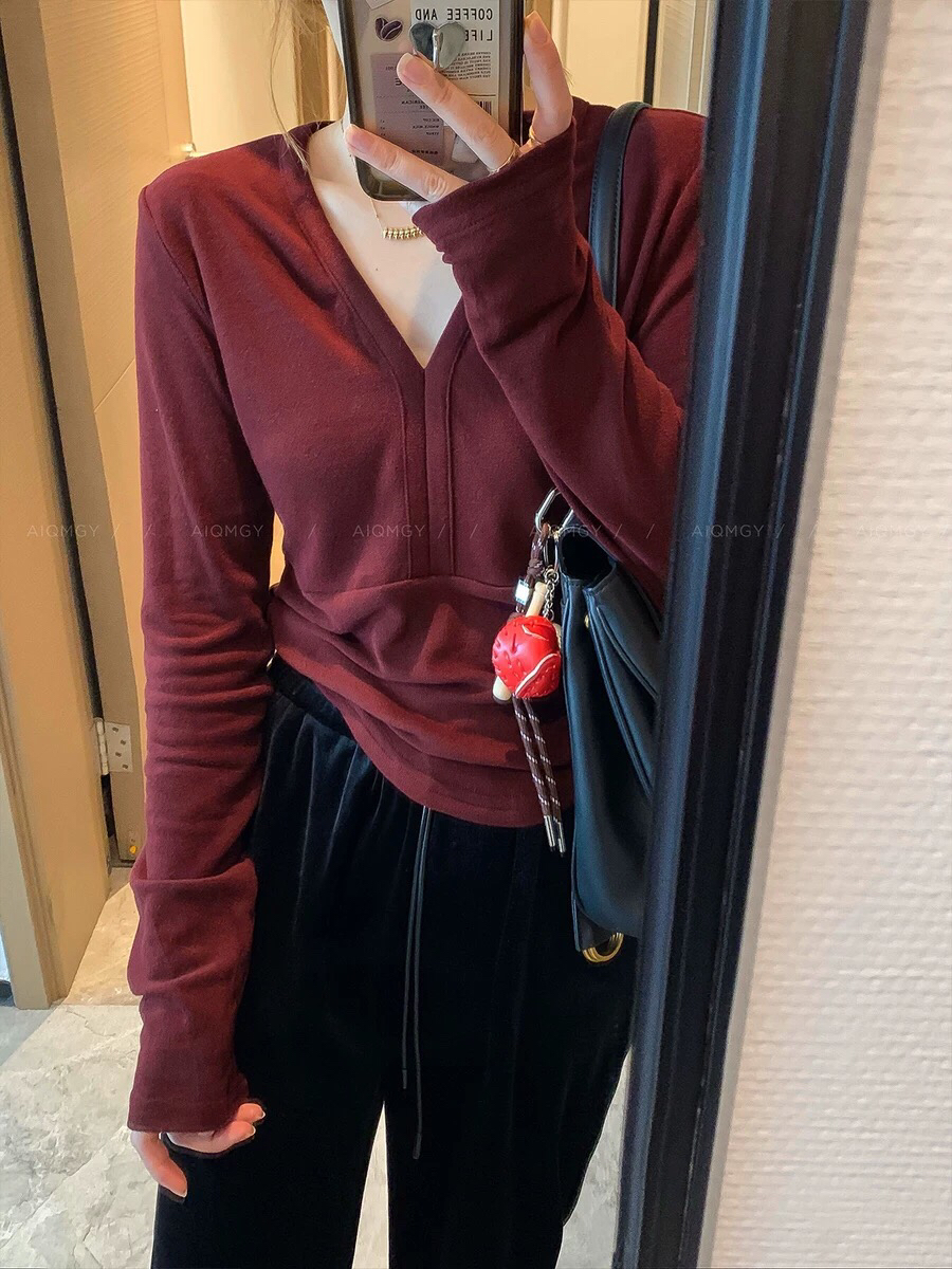 726-V领薄绒纯欲风简约下弧度长袖T恤女流行爆款修身显瘦打底衫潮