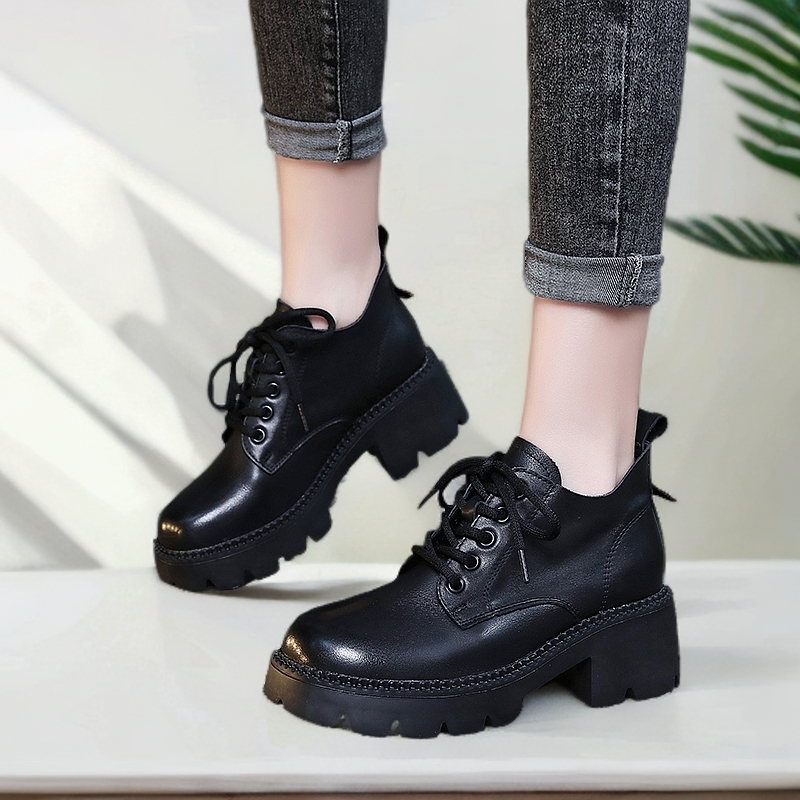 5013新款时尚高跟秋冬百搭粗跟软底显脚小透气头层牛皮低帮短靴