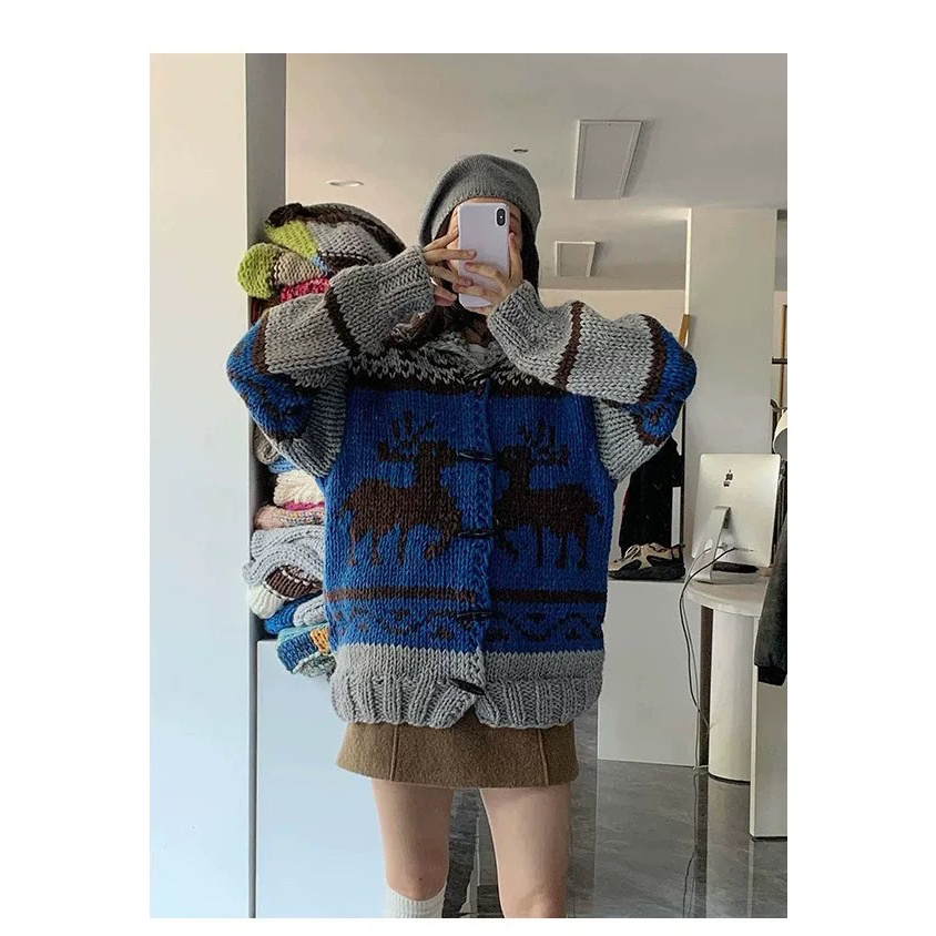 Danniel韩货 麋鹿深蓝手工牛角扣毛衣