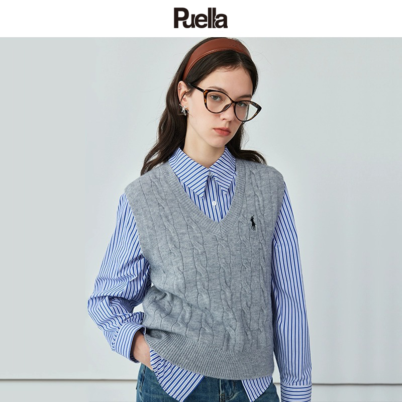Puella秋季新款V领针织刺绣马甲女学院风减龄背心
