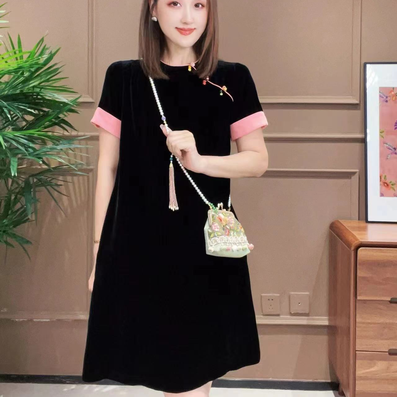 婷姐专属【冰丝彩棠】长短款春款新中式真丝丝绒斜襟短袖连衣裙