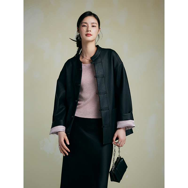 初棉幽兰系列 盘扣新中式皮衣蛋白PU皮质感 356607011 