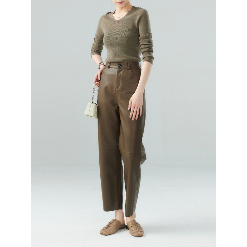 初棉【清仓】celin*同款直筒长款皮裤346618025