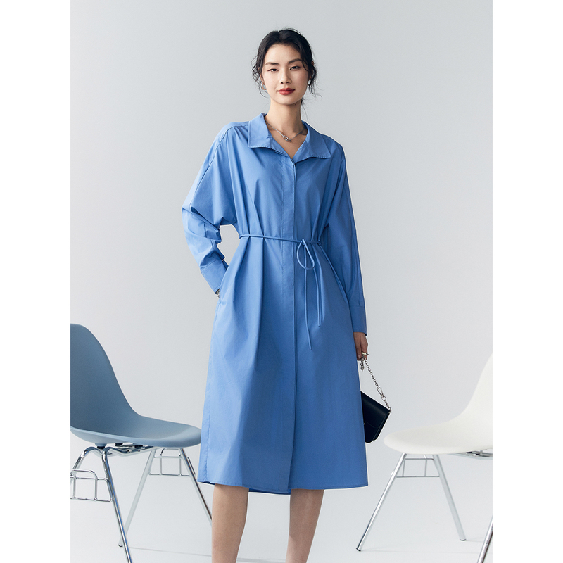 初棉【松弛有至】空气感长袖衬衫连衣裙中长款352616006