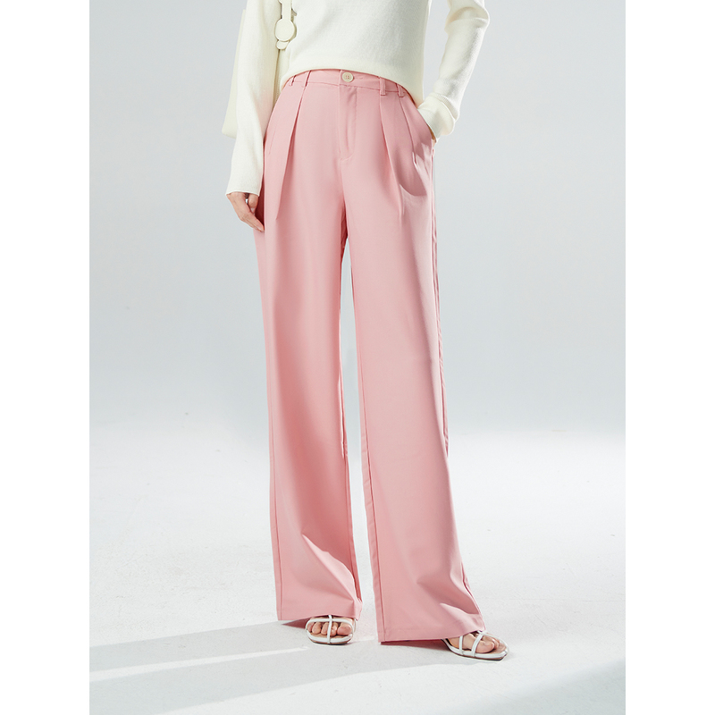 初棉【夏日粉】夏季双褶显瘦直筒垂感休闲裤 346618024