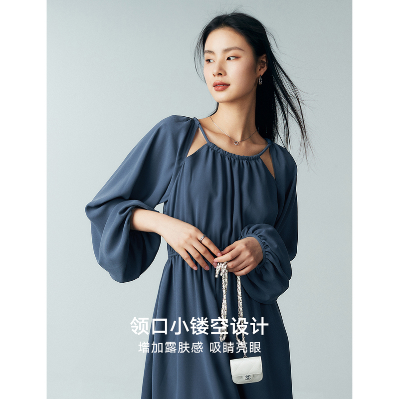 水蛇腰显瘦气质雪纺连衣裙镂空设计感中长裙亲肤342616001