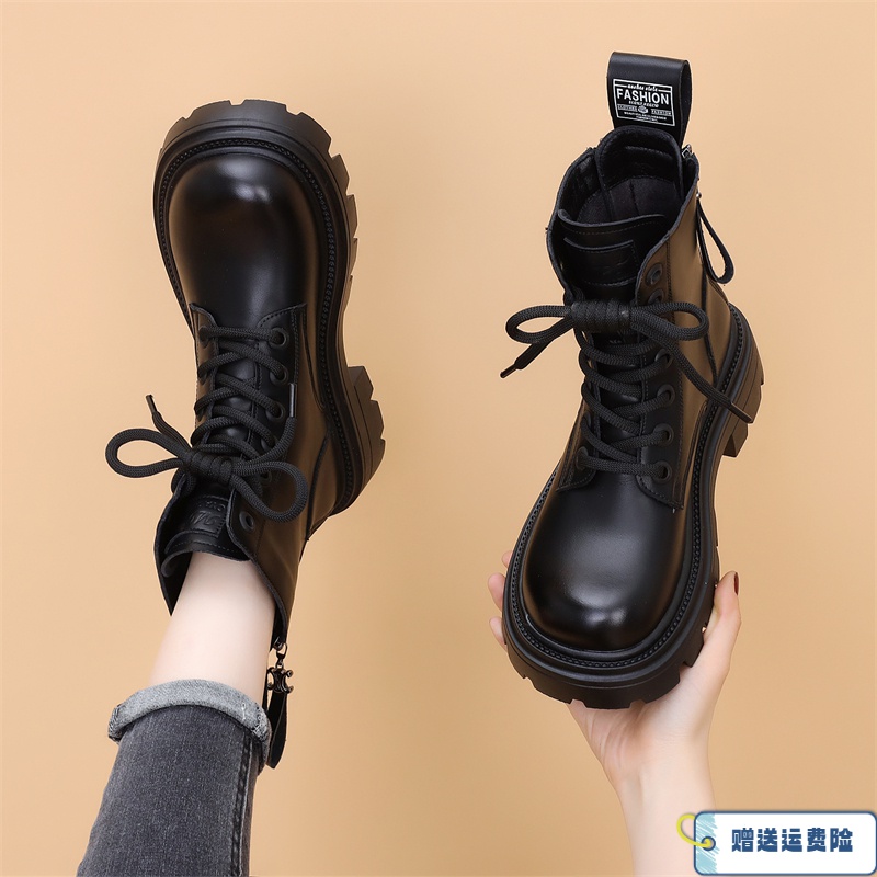 红蜻蜓牌时尚加绒黑色百搭软皮马丁靴女款英伦风2023新款秋季厚底