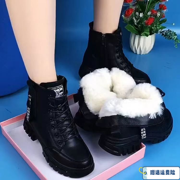 红蜻蜓牌皮面雪地靴女2023爆款冬季皮毛一体加绒加厚棉靴平底加绒