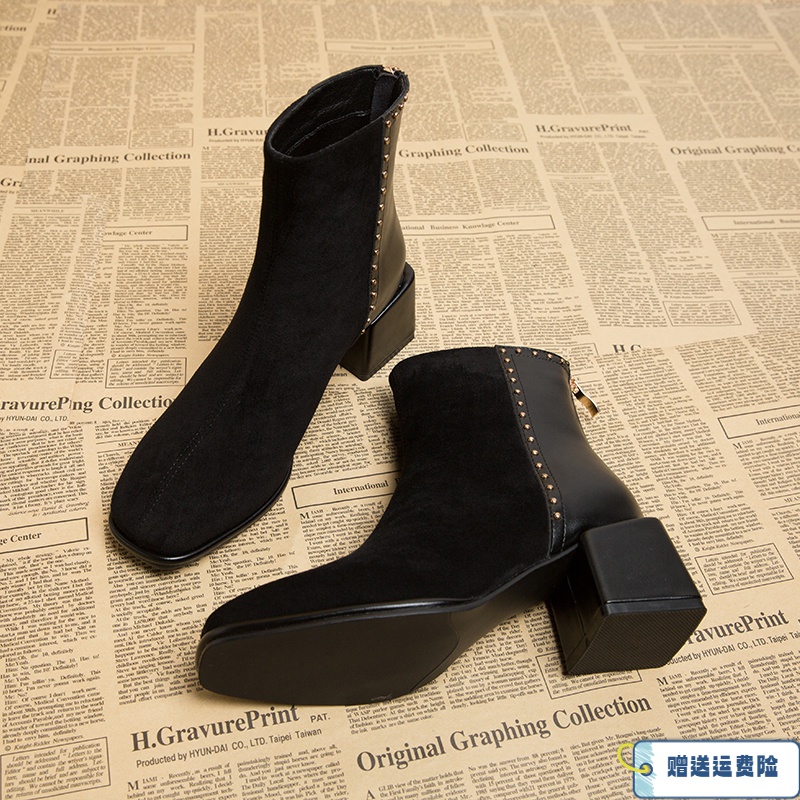 红蜻蜓牌2023秋冬新款靴子女小短靴季洋气瘦瘦中高跟百搭马丁靴子