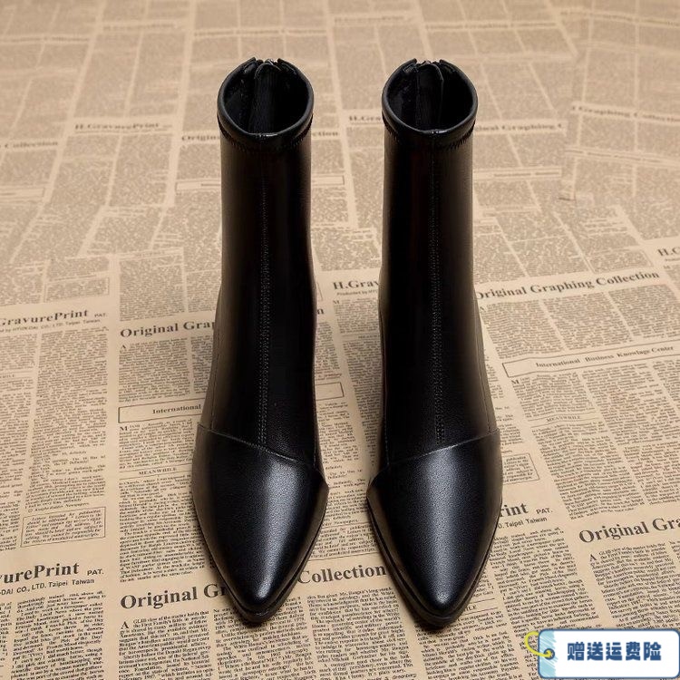 红蜻蜓牌2023新款秋冬加绒瘦瘦靴子尖头中跟鞋法式风洋气小众百搭