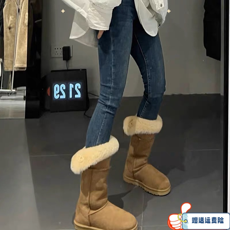 红蜻蜓牌羊羔毛驼色加绒雪地靴女2023秋冬新款加厚高筒棉靴厚底