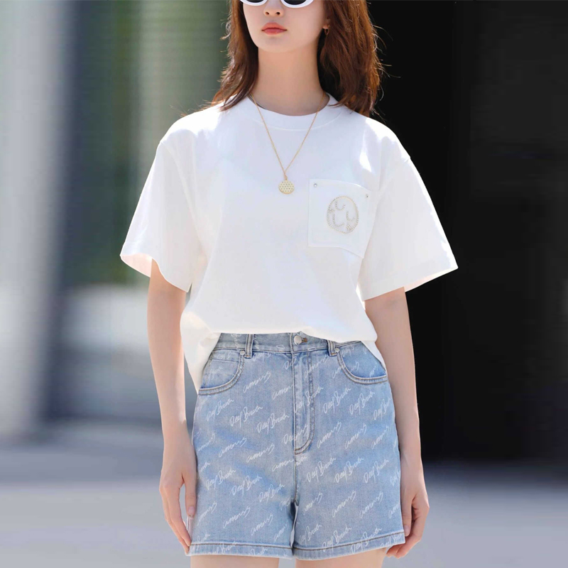 【商场同款】白色百搭圆领笑脸烫钻休闲短款短袖t恤袁衣都舍53008