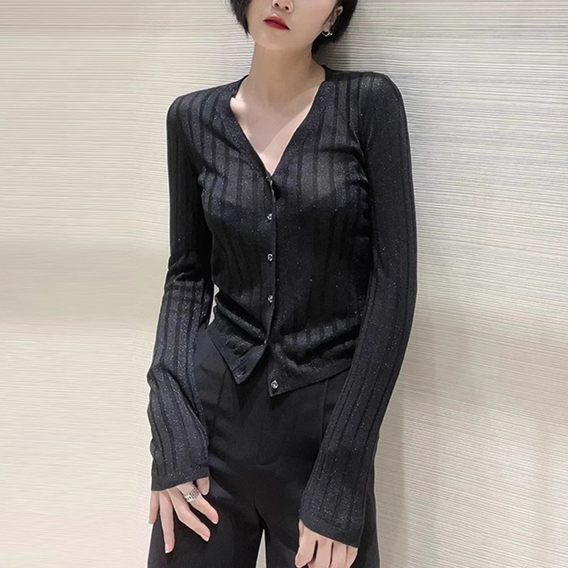 【商场同款】秋装新款百搭修身V领亮丝长袖针织开衫袁衣都舍5499204
