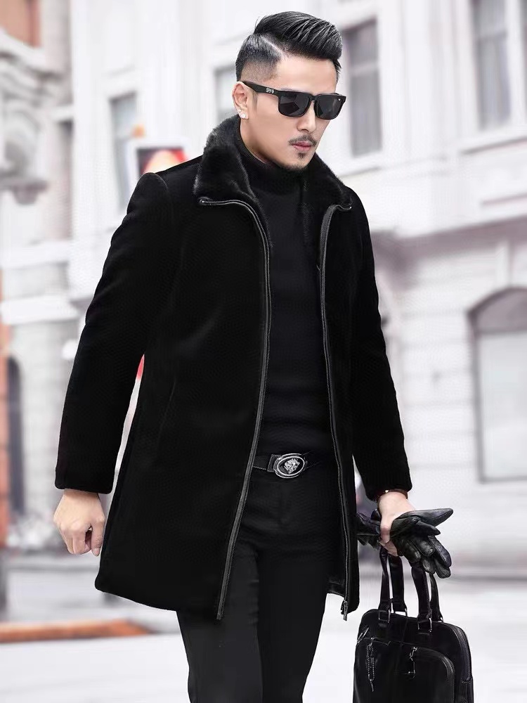 （海宁工厂）冬季黑色中长款保暖男士经典立翻领水貂绒加绒加厚款