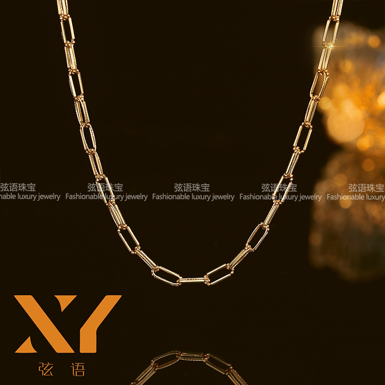 弦语珠宝 18K金双层卡家项链女方框链素链彩金简约ins高级感锁骨