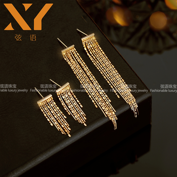 弦语珠宝18k金日本工艺一帘幽梦流苏蕾丝耳环 耳钉 长款短款 耳饰