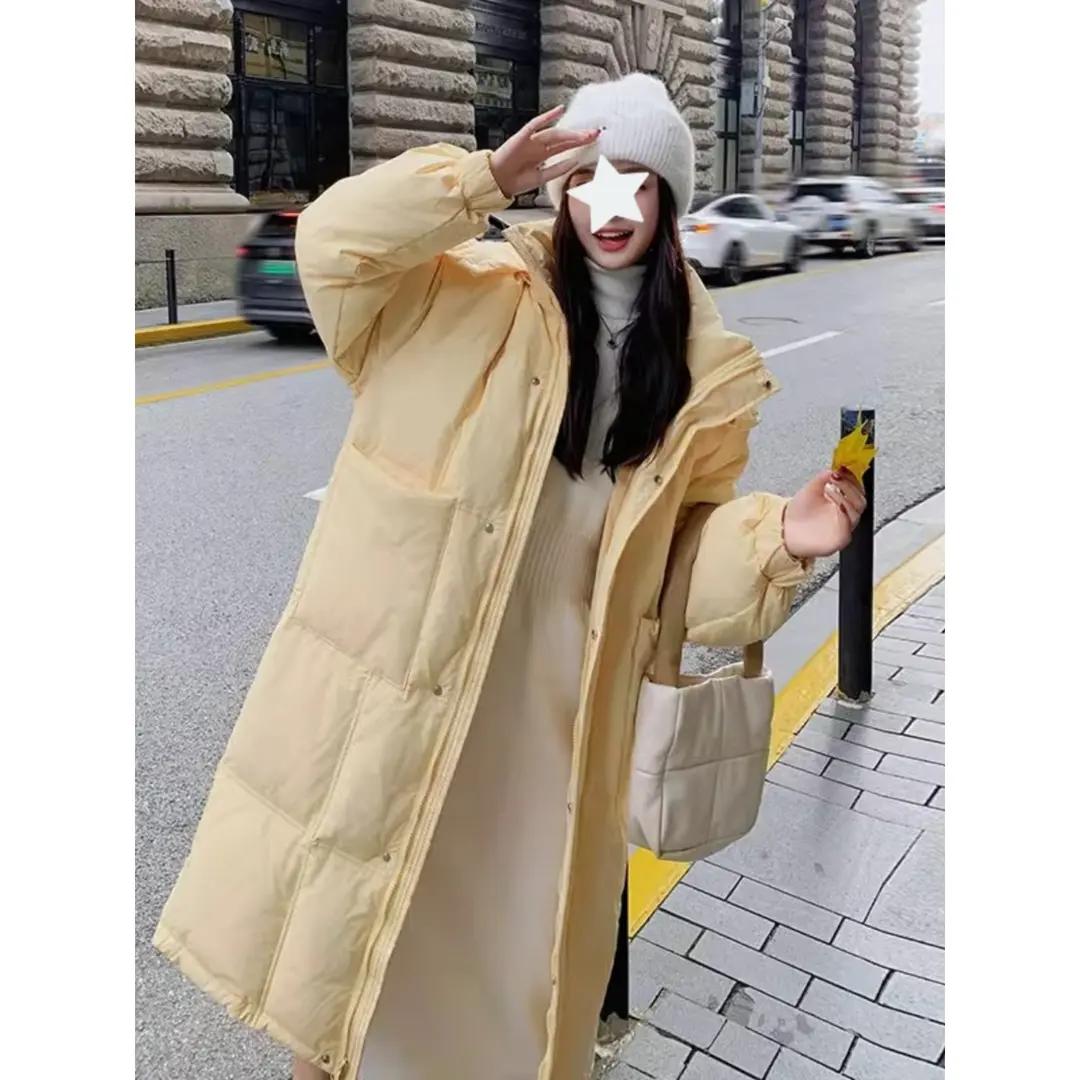 奶黄色连帽羽绒服服女中长款2023冬季新款过膝加绒加厚小个