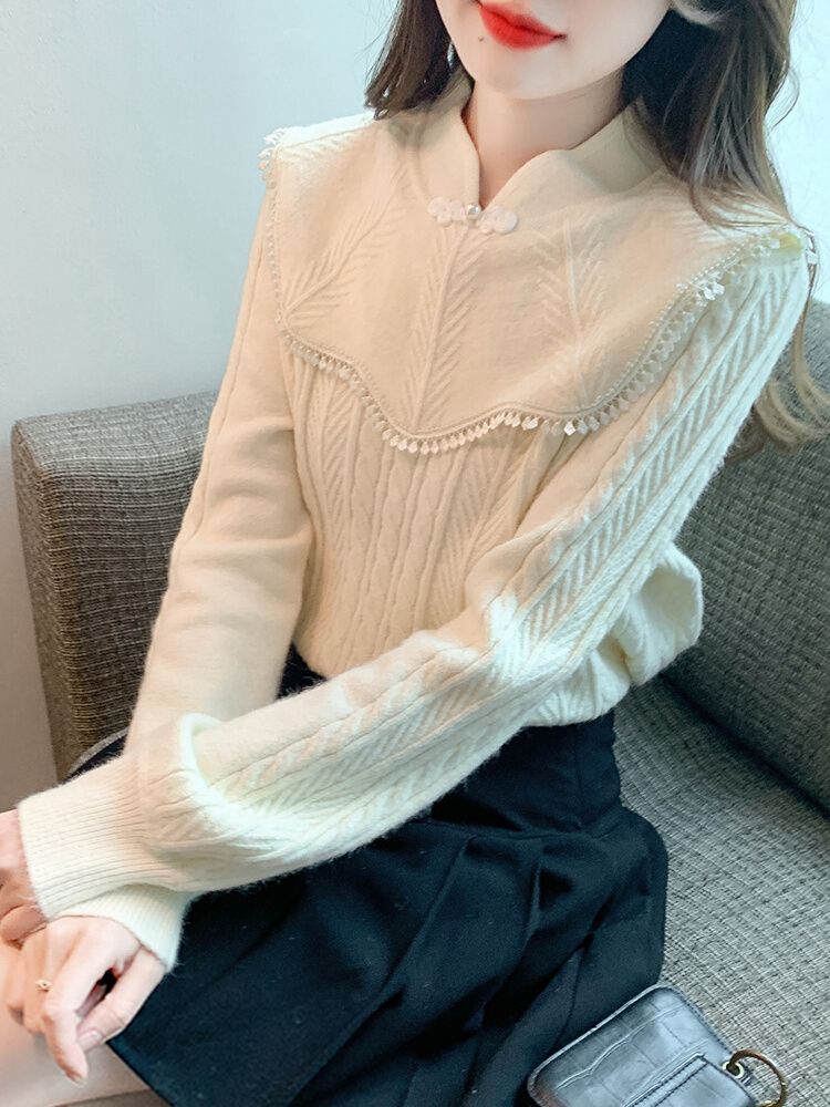 觅萌 新中式国风毛衣女秋冬装2023年冬季新款洋气针织打底衫衫内