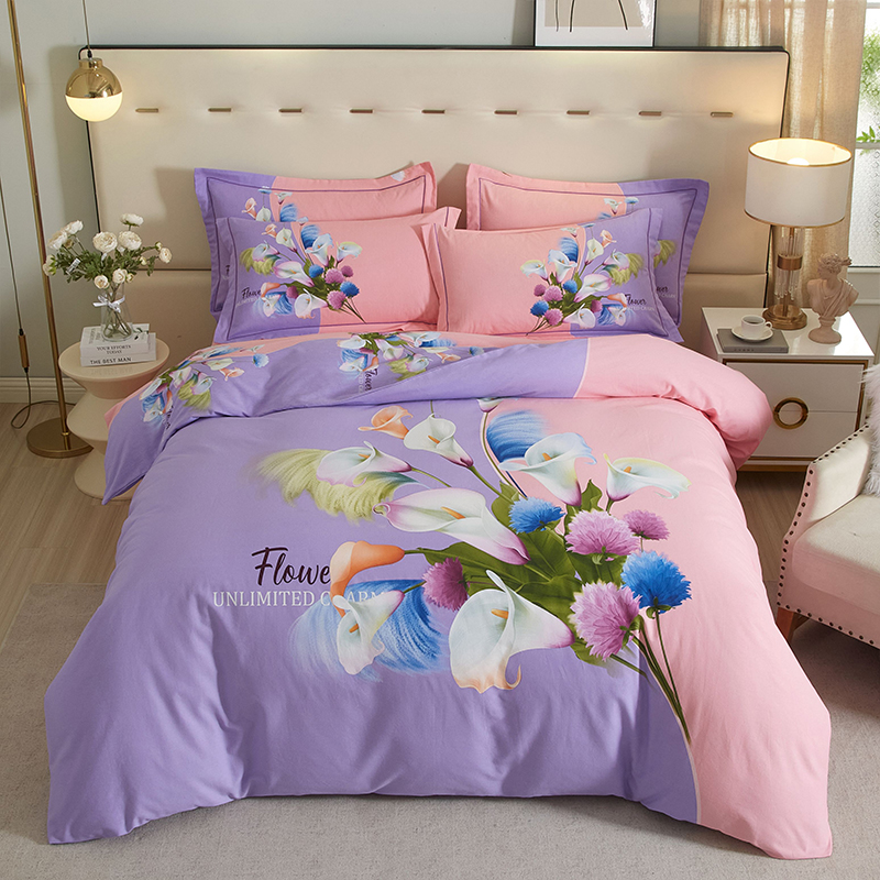 2023新款中国风大版印花加厚全棉斜纹棉四件套柔软亲肤百合之约粉