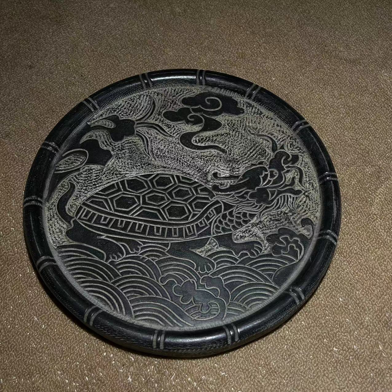 天然青石雕刻“龙龟茶盘”直径28厘米湿泡茶盘花盆底座隔热垫摆件