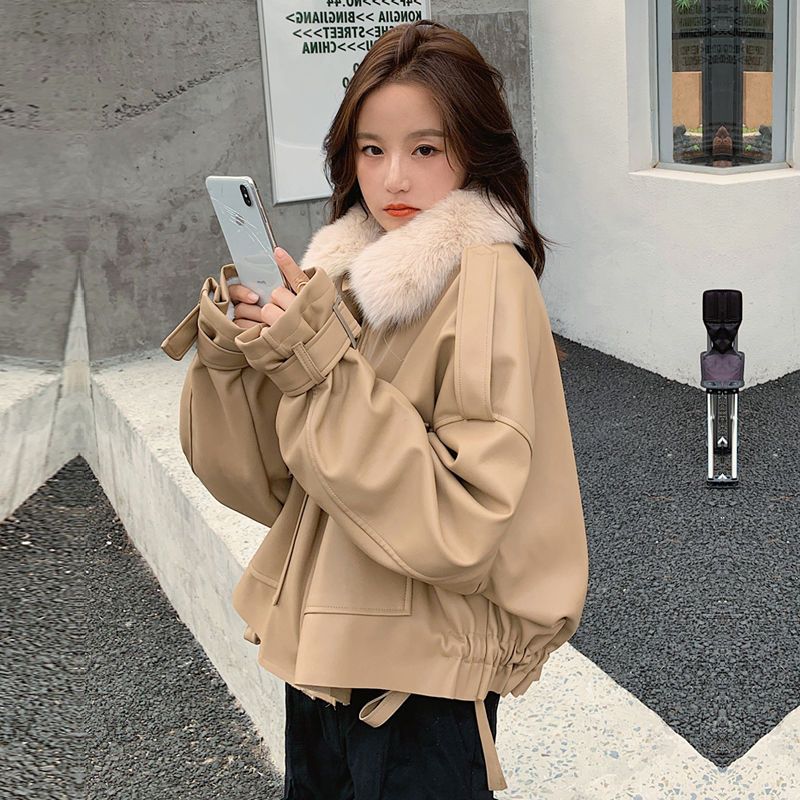 派克服皮衣外套女短款2023年冬季新款加绒加厚棉服皮夹克机车服