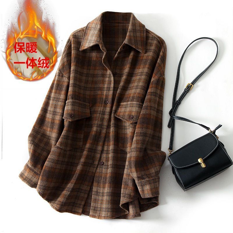 美拉德加绒加厚衬衫洋气减龄设计感港风复古格子休闲宽松显瘦外套