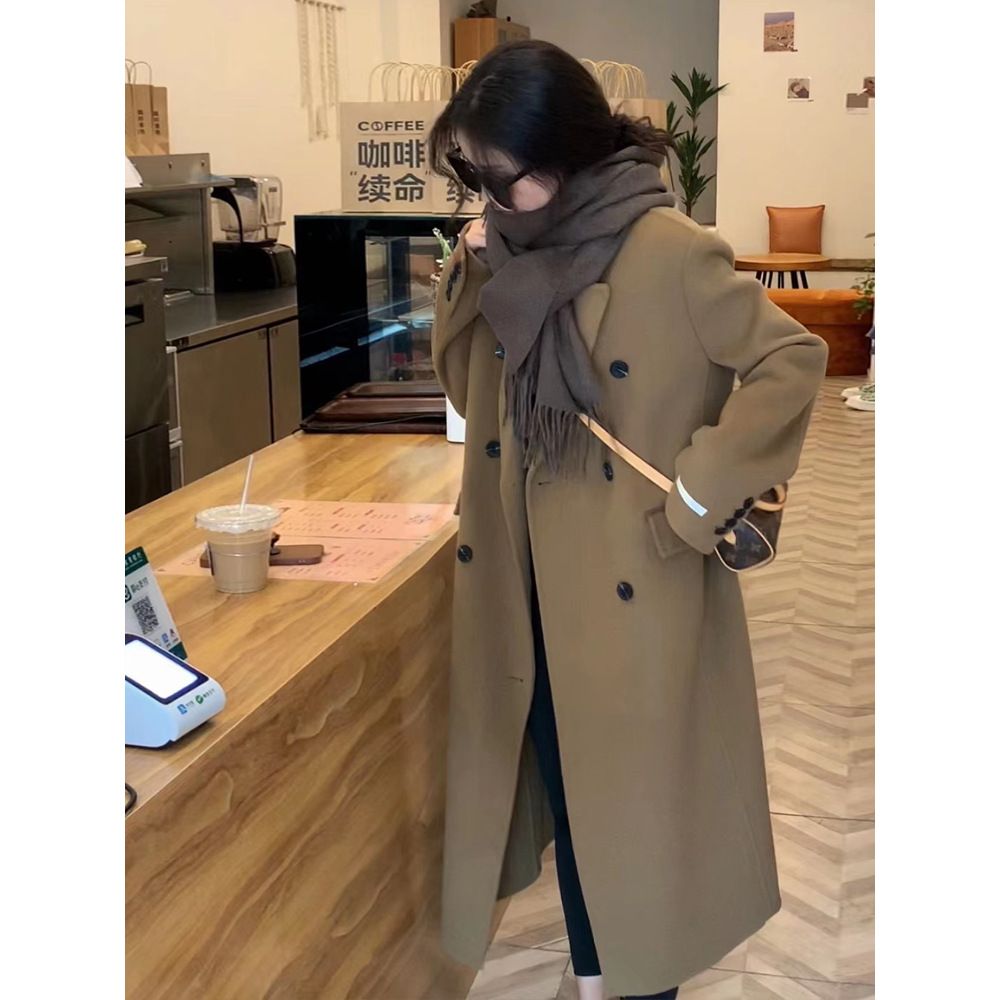 新款驼色英伦风大衣女秋冬高级感小个子韩版中长款赫本风毛呢外套